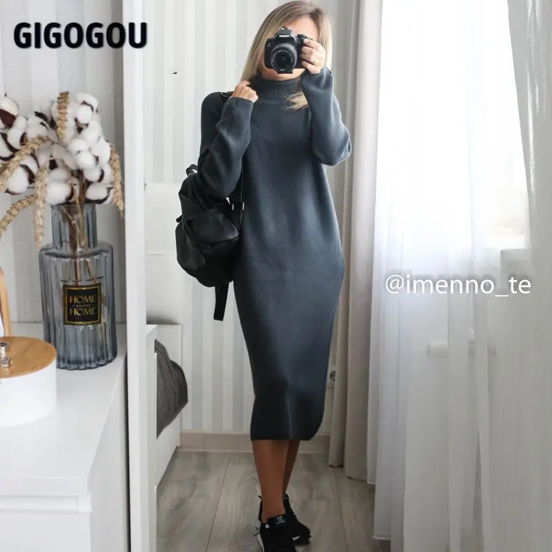 Женское трикотажное платье-свитер GIGOGOU длинное плотное теплое платье средней