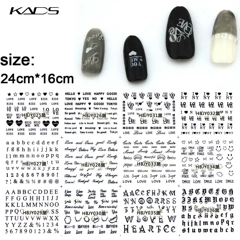 KADS 12 Листов/комплект HBJY025-036 3D Черный/Белый/Серебро/Золото ногтей наклейки Письмо