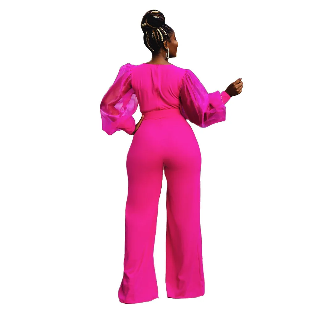 

Sheer Mesh Long Lantern Sleeve Women Jumpsuit Deep V Neck High Waist Wide Leg Bodysuits Elegant Black Rose Red One Piece Overall