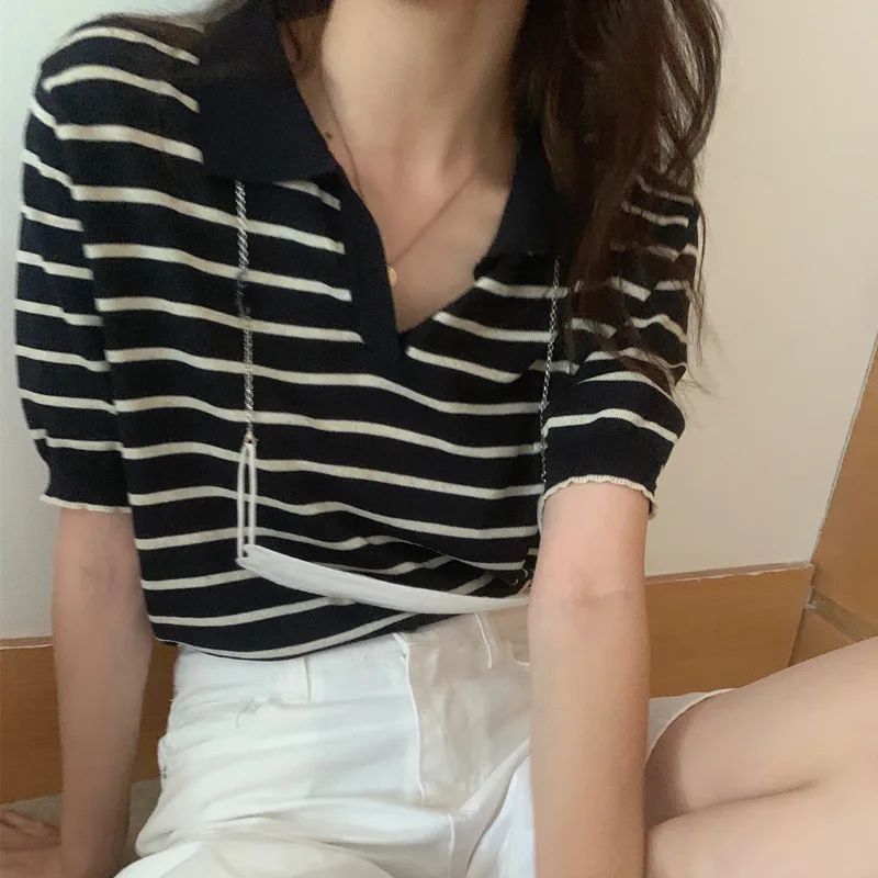 

striped v-neck women polo t shirt 665#