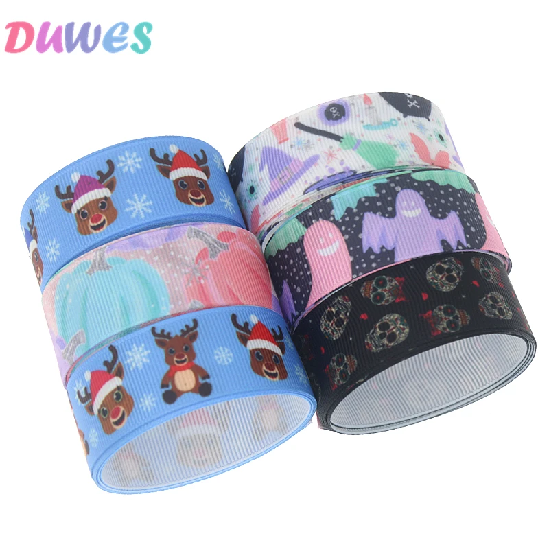 

DUWES 50yards halloween christmas skull Printed Grosgrain Ribbon Accessory Hairbow Headwear Decoration DIY Wholesale OEM D1157