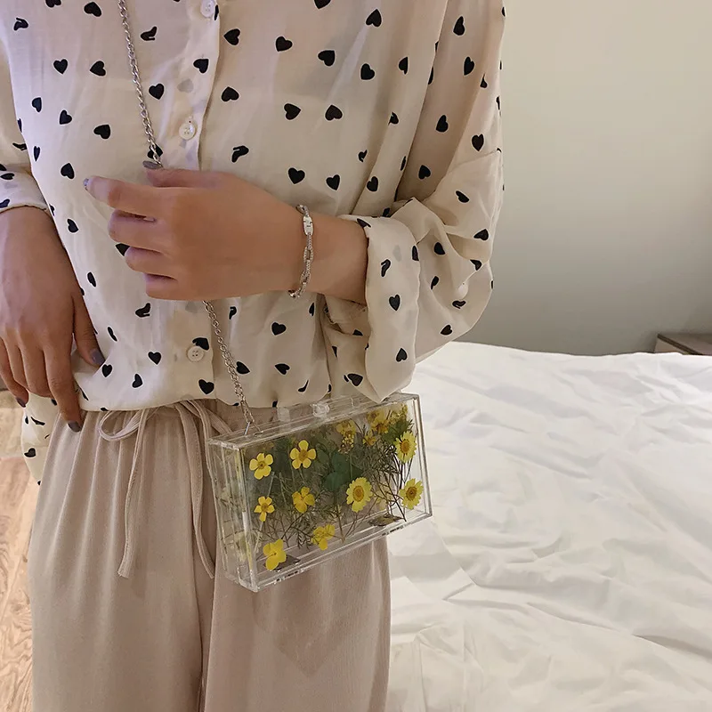 New summer small fresh transparent square bag fashion wild messenger flower print texture chain shoulder handbag | Багаж и сумки