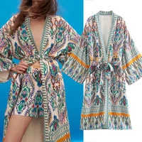 za 2021 womens summer coat vintage printing long sleeve loose long kimono fashion belt blouses female shirts chic tops clothing