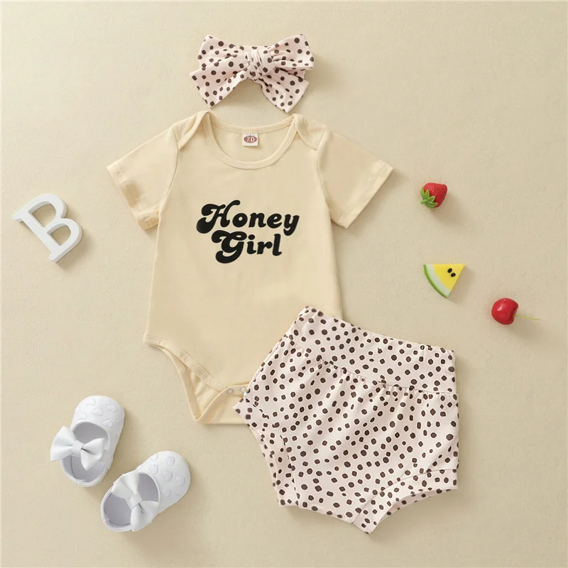 

3Pcs 0-2Years Newborn Infant Girls Summer Cotton Clothes Sets,Baby Girls Letter Print Short Sleeve O-Neck Romper+Shorts+Headband