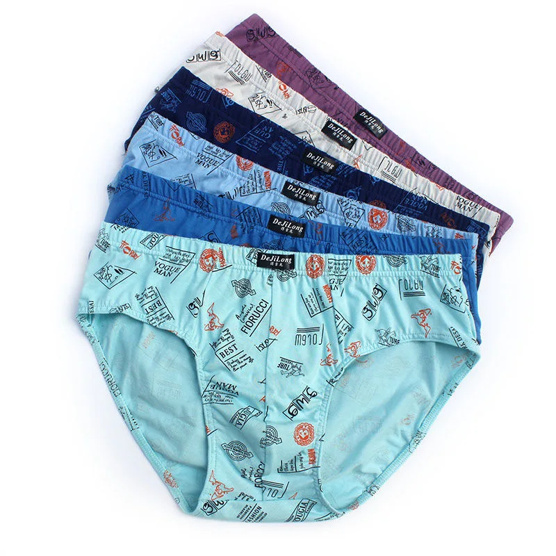6Pcs/Lot Briefs Men's 100% Cotton Mid-Waist Printing Comfortable Underwear Men'S Breathable Briefs
