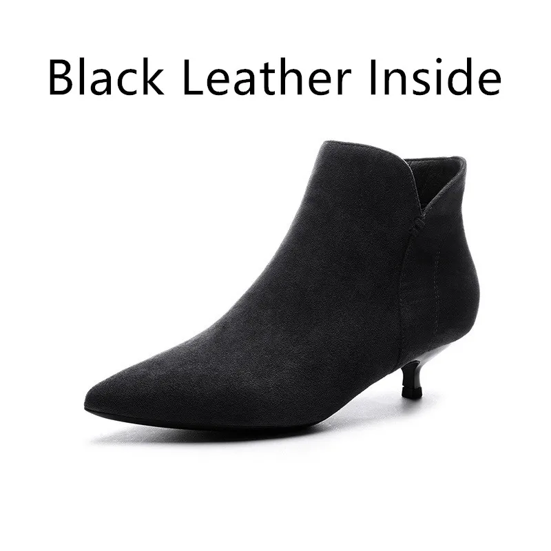 Black Leather 1 Черные зимние ботинки; коллекция года; женская обувь; женские ботильоны на молнии; ботильоны для женщин из флока на высоком каблуке с острым носком; Mujer - Цвет: Black Leather 1