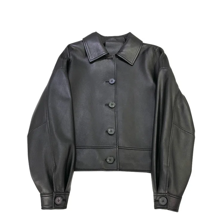 Abrigo de piel de oveja auténtica para mujer, chaqueta informal holgada de color negro, gabardina para primavera y otoño