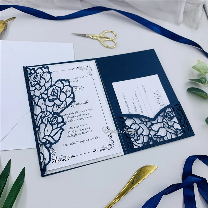 

Special Dark Navy Tri-fold Laser Cut Wedding Invitations With RSVP Card & Belly Band, Laser Invites For Weddings&Event