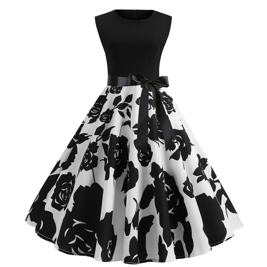 Mid-Calf Black Женское элегантное рождественское платье без рукавов с круглым вырезом и принтом, женские рождественские макси платья Sukienki, вечернее платье, vestidos ropa mujer - Цвет: Mid-Calf Black