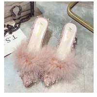 women real ostrich hair heel slippers female fashion furry slippers high quality non slip sexy slippers ladies party heel shoes