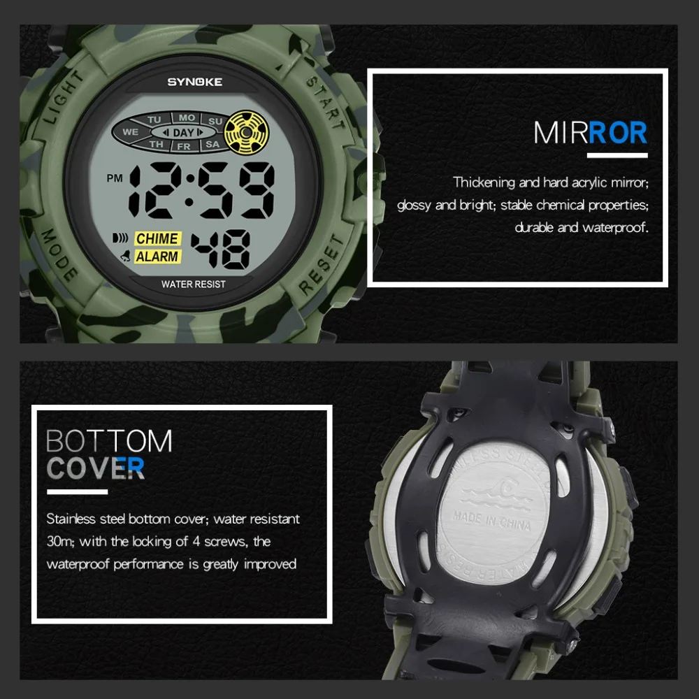SYNOKE Sports Military Kids Digital Watches Student Children's Watch Fashion Luminous Led Alarm Camouflage Green Boy Clock