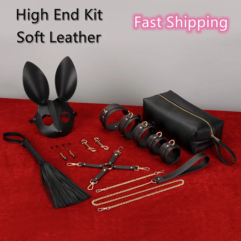 БДСМ игрушки бондаж кролик кожаный набор маска флоггер зажимы для сосков наручники ошейник Набор для пытки для начинающих