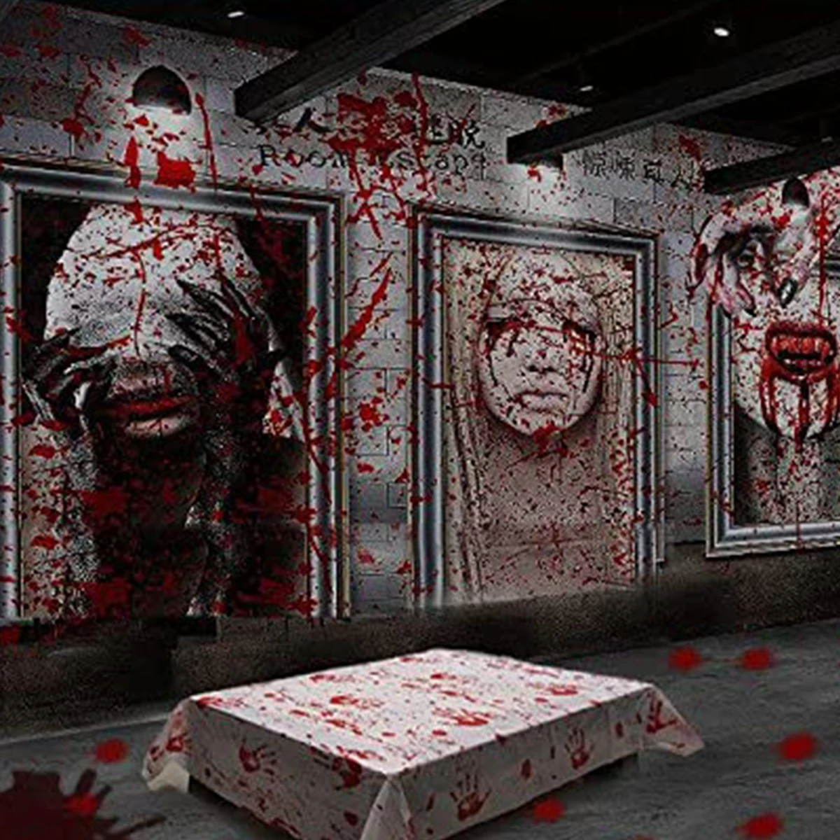 

Halloween Scary Bloody Party Wall Window Sticker Clings Weapons Garland Banner Handprint Tablecloth Haunted House Decor Supplies