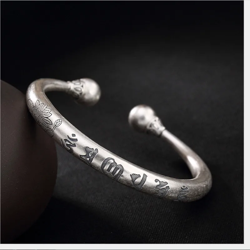 

100% Real Solid 999 Pure Silver Ball Bangles for Women Religious Six-word Open Bangle Buddhism Thai Silver Fine Jewelry