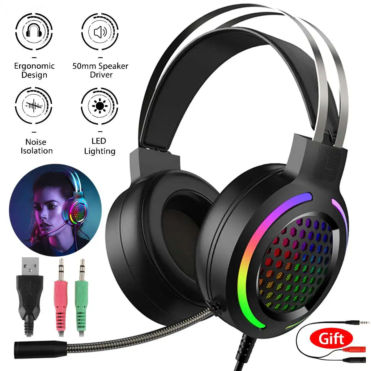 

RGB LED Light Headphones Gaming Headset PC Computer Gaming Headphones 4CH Hi Fi Bass Stereo 3.5mm Wired Headset With Mic Gifts