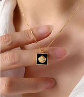 acrylic black square shell titanium steel 18k gold pendant necklace for women clavicle chain necklace valentines day jewelry