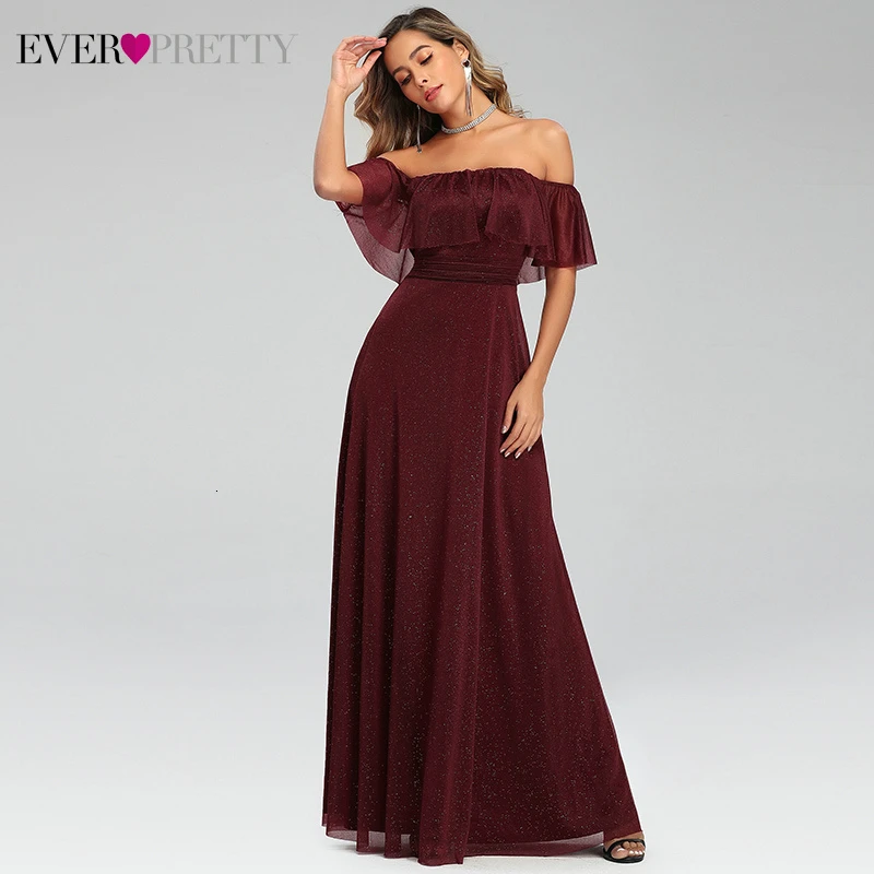 Длинные Сексуальные бордовые вечерние платья A Line с открытыми плечами и оборками
