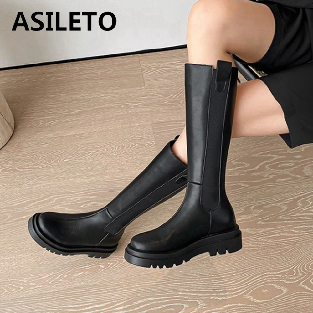 

ASILETO Size 33-43 Slip On Genuine Leather Boots Women Thick High Sole Chelsea British Style Winter Platform Knee High Bootie