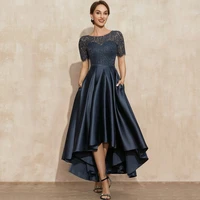 navy blue satin high low evening dresses o neck lace short sleeve asymmetrical sexy prom party gowns vestidos largos