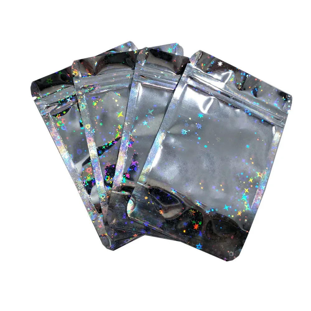 

100Pcs Star Laser Mylar Foil Zip Lock Stand Up Bag Zipper Grip Self Seal Reusable Reclosable Food Coffee Tea Candy Storage