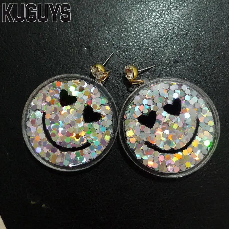 Smiling Face 2 KUGUYS модные ювелирные изделия Oorbellen акриловые молнии длинные серьги для женщин Pendientes Блестящие Блестки серьги-капли DJ DS Brincos - Окраска металла: Smiling Face 2