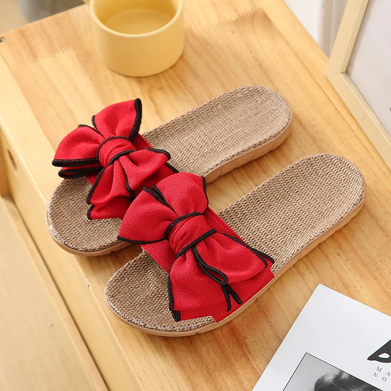 Slippers Women Floor Non Slip Office Cool Slippers Home Lovely Bow Tie Linen Slippers  Mules Shoes Women