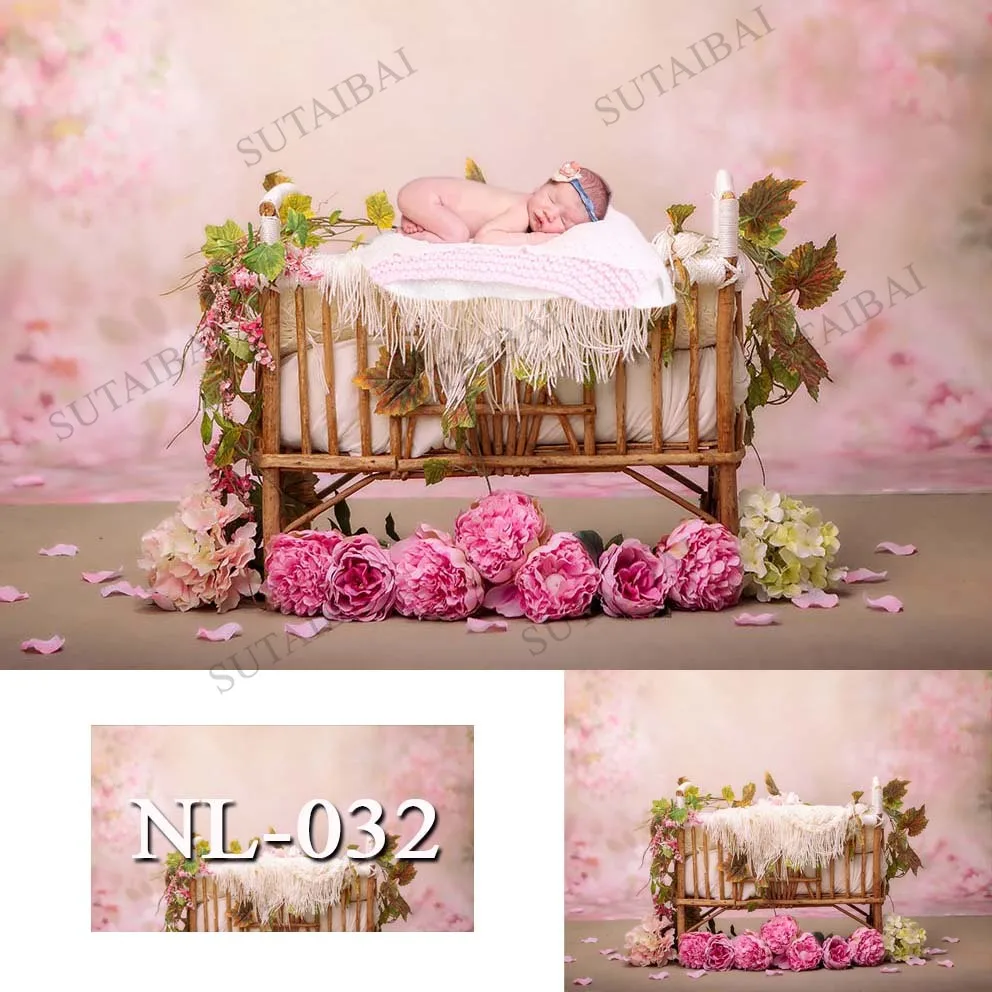 

Pink Floral Background Photography Baby Crib For Baby Shower Newborn Portrait Photo Backdrops Photocall Photophones