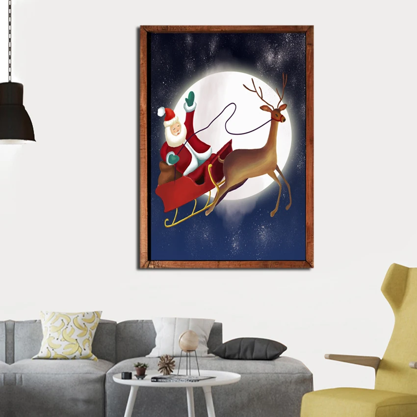 Скандинавский мультфильм Рождество Холст Картина олень Санта Клаус Творческий