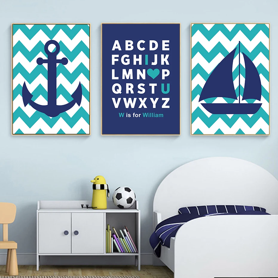 

Chevron Anchor Sail Boat Canvas Painting Named Nursery Alphabet Art Nautical Poster Wall Picture for Kids Rooms Decor Unframed