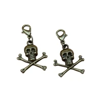 20pcslots antique bronze pirate skull alloy charms bead with lobster clasp fit charm bracelet diy jewelry 21x38mm a 335b