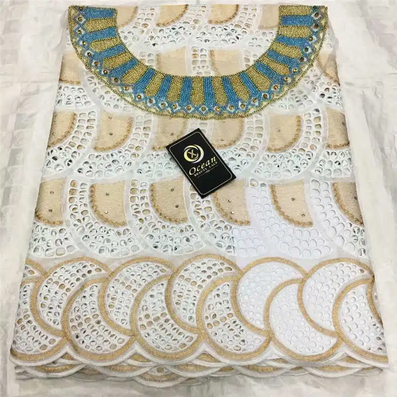 

2020 latest lace High quality African 100%cotton swiss lace with stones fabric for Party long Dresses In white