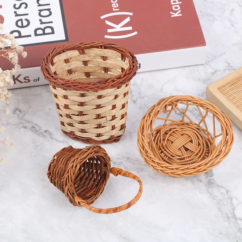 Casa de mu&ntilde;ecas en miniatura, cesta tejida a mano para almacenamiento de alimentos y verduras, modelo decorativo, 1:12-3