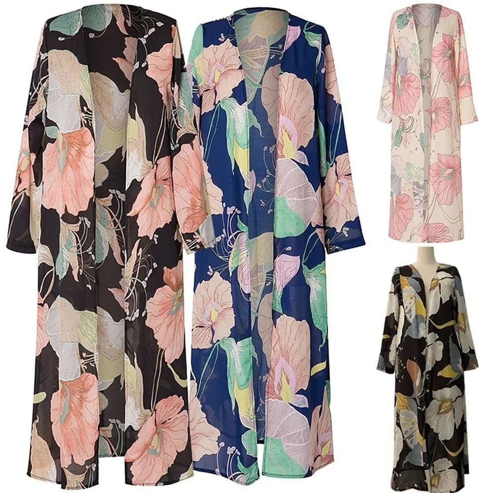 

2021 spring and autumn new long cardigan printed Tulle women's long sleeved shirt fashion shawl printed casual cardigan top