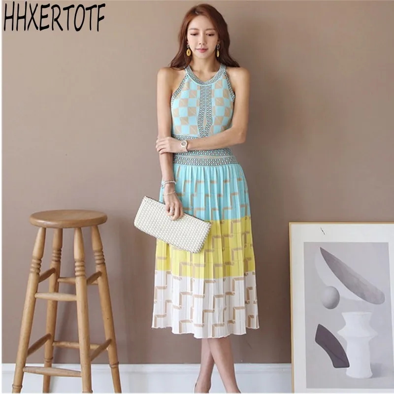 

2021 summer Elegant Halter Knitted Jacquard A-line Dress Women Stretch Sexy Knitted jacquard dress Vestidos