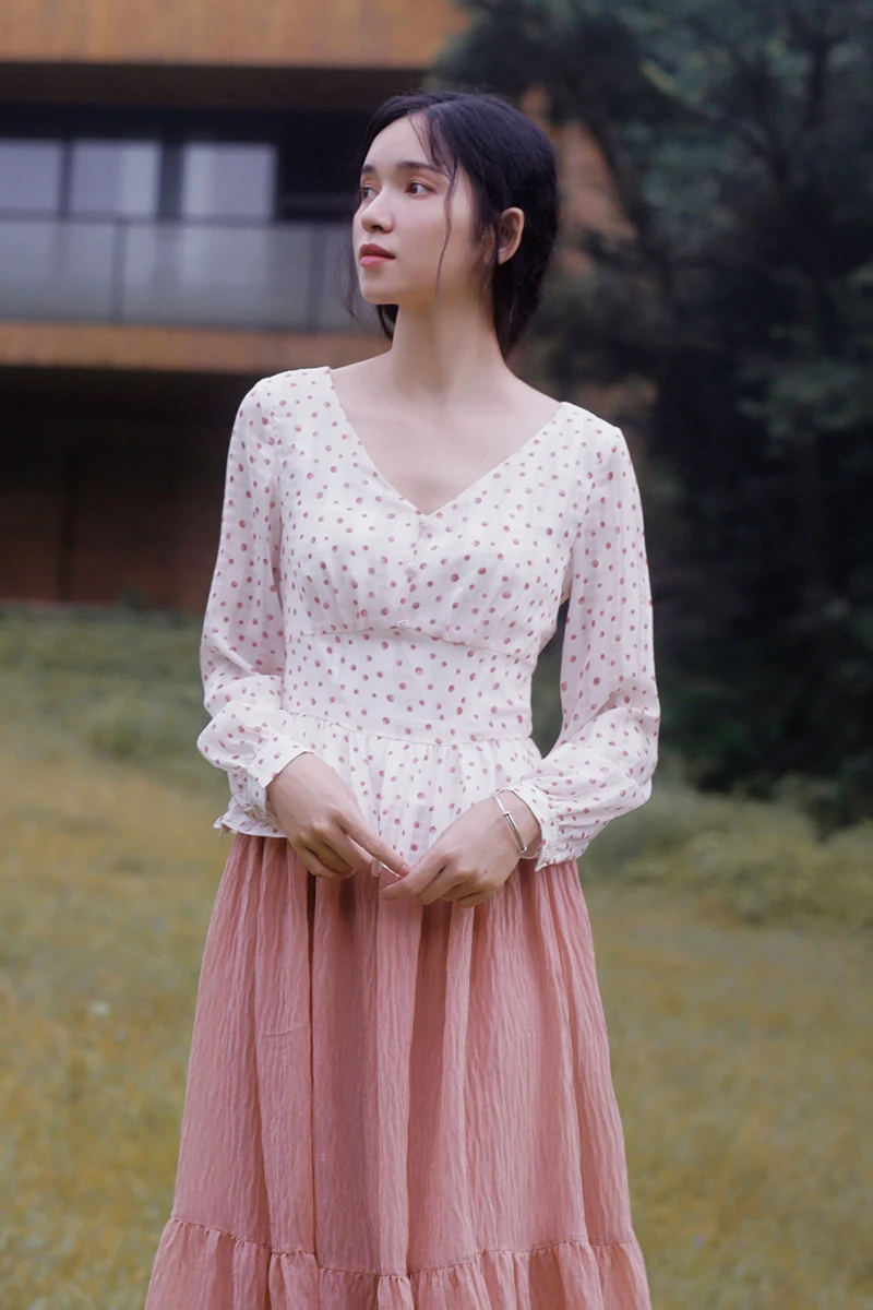 

LYNETTE'S CHINOISERIE Summer Original Design Women All-match Vintage V-neck Slim Waist Chiffon White Shirts/Blouses