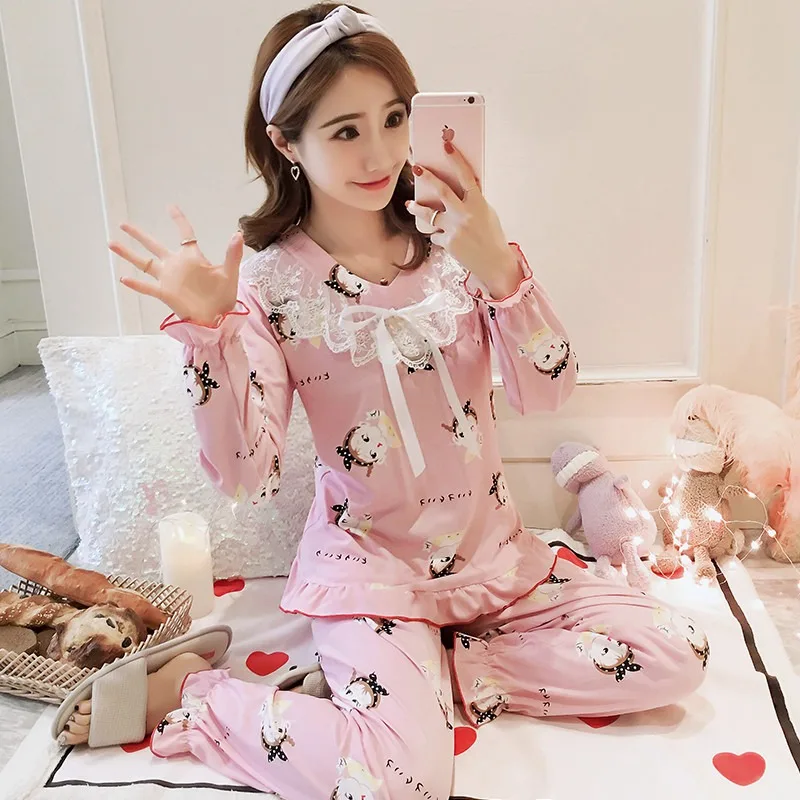 

2020 Autumn Long Sleeve V-neck Print Pajama Set for Women Cute Lace Bow Sleepwear Suit Pyjama Homewear Pijama Mujer Home Clothes