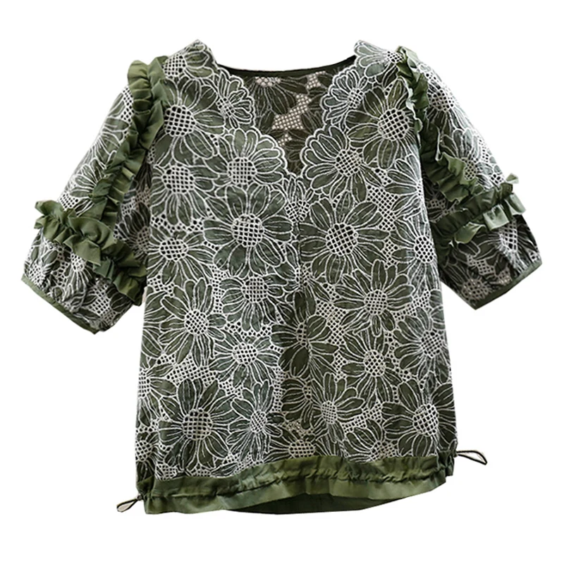 

Heavy Daisy Embroidered Shirt Women's Fungus Stitching Drawstring Short-Sleeve Tops 2021 Summer Fashion Casual Loose Blouse