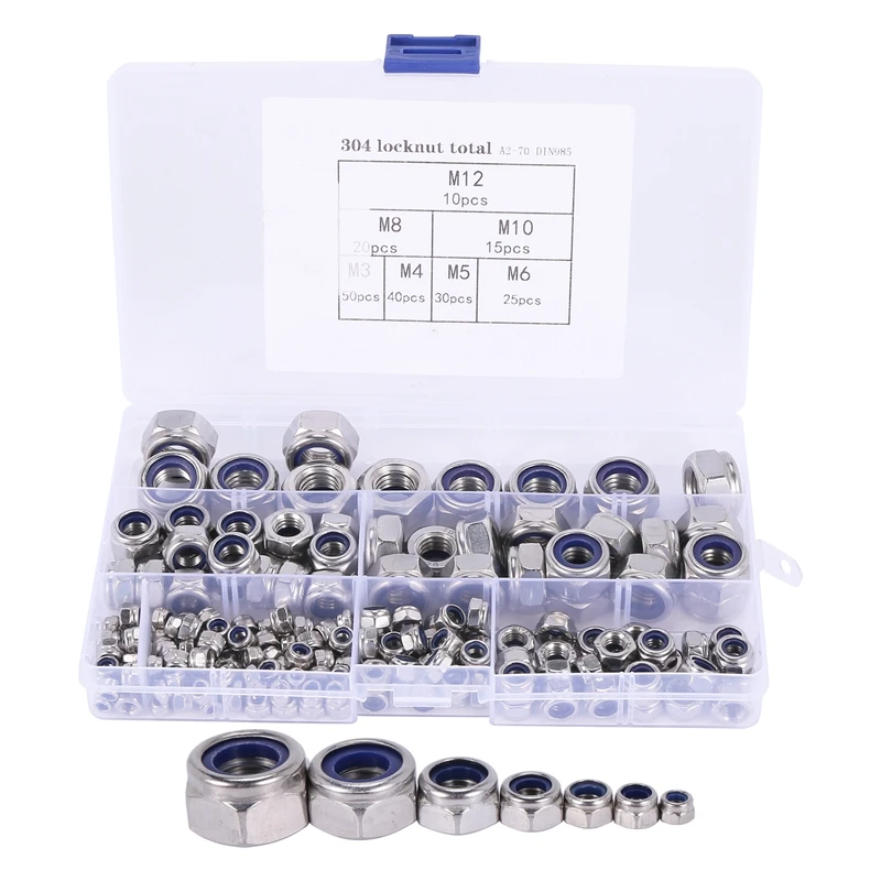 

190Pcs/set M3 M4 M5 M6 M8 M10 M12 Stainless Steel Hexagon Nylon Lock Nuts Set Screws Hex Socket Furniture Bolts Kit
