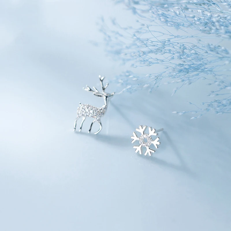 Простые серьги-гвоздики из серебра 925 пробы в виде снежинки/лося гипоаллергенные