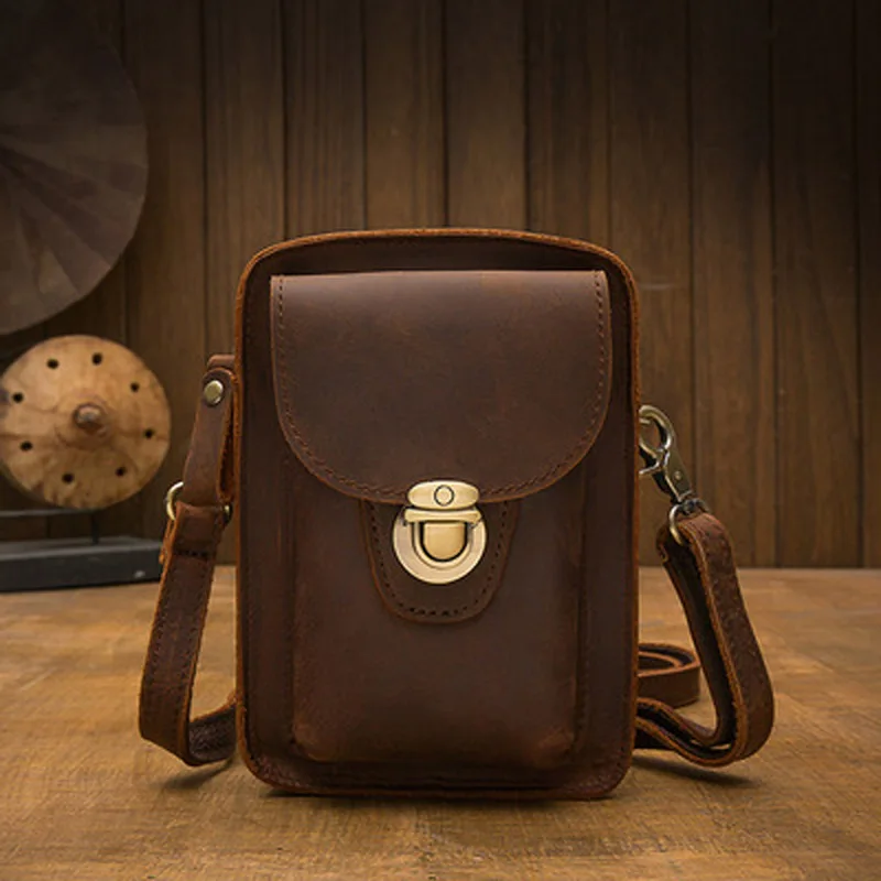 

Handmade leather belt bag men's retro leather belt bag casual shoulder messenger small bag crazy horse leather mobile phone men