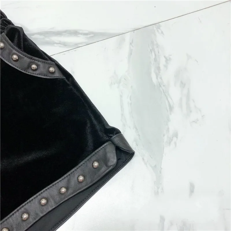 

Top Quality Velvet Shorts Women Patchwork Real Leather Sheepskin Wide Leg Shorts Streetwear Loose Rivets High Waist Boot Shorts