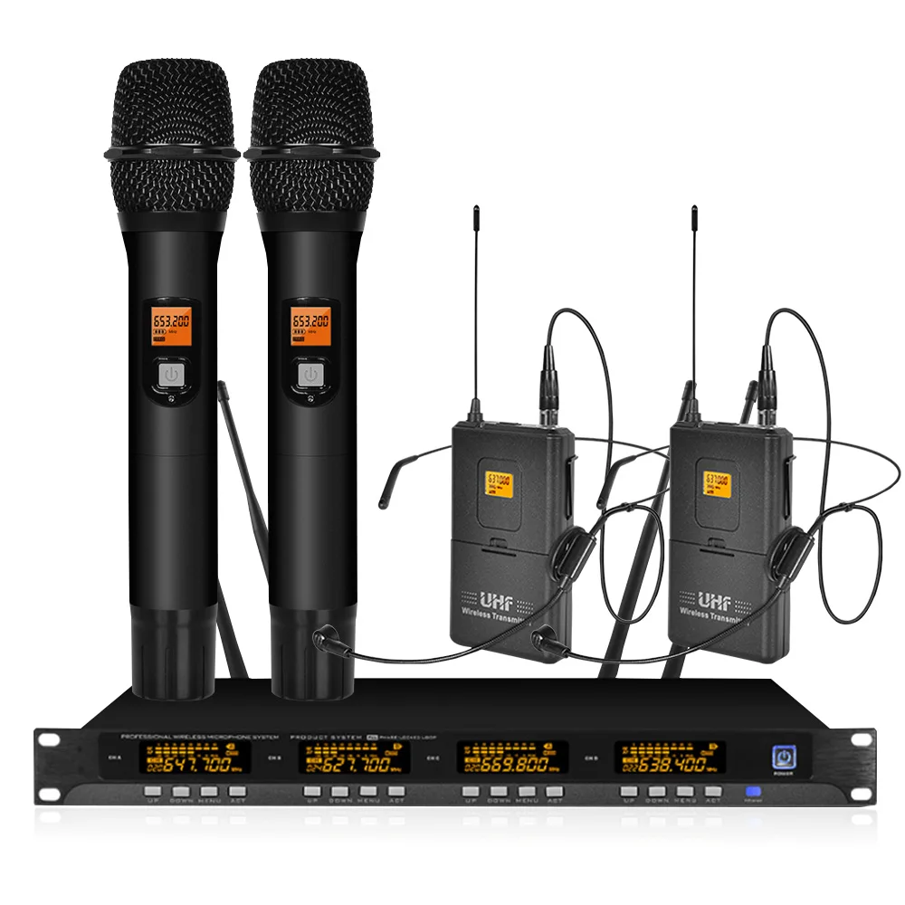 

UHF wireless microphone system with 4 headset microphones can be used for stage church family party party microphone wireless