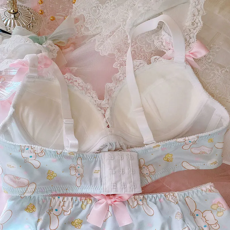 Soft Sister Japanese Girl Heart Rabbit Ears Underwear Loli Lace Edge Bow Bowprincess Cute Gather Thickened Steel Ring Bra Set