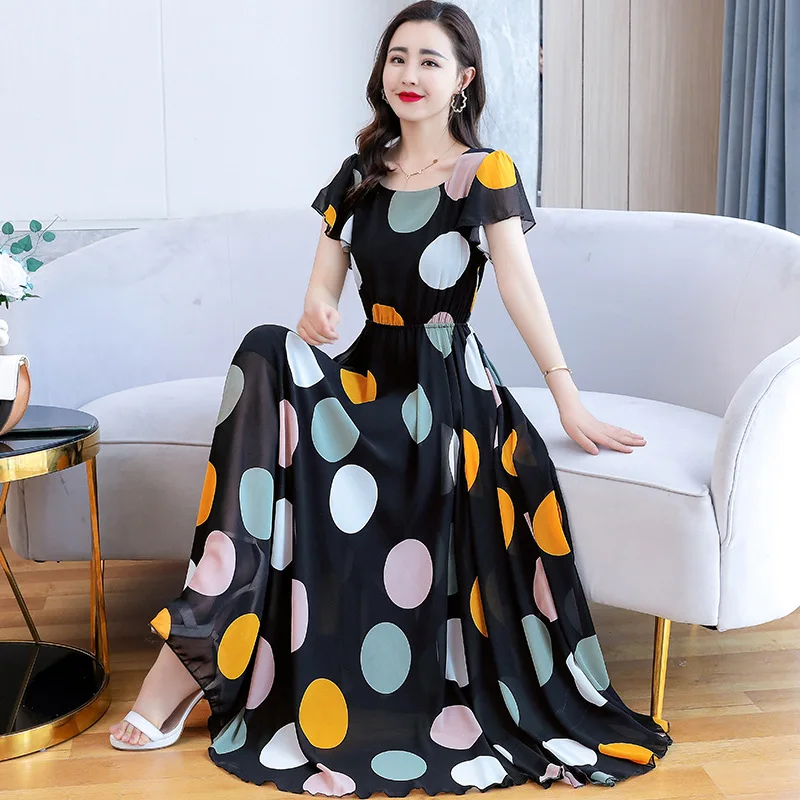 

Chiffon dress 2021 new summer fashion dress long waist big wave point retro Changsha beach dress seaside