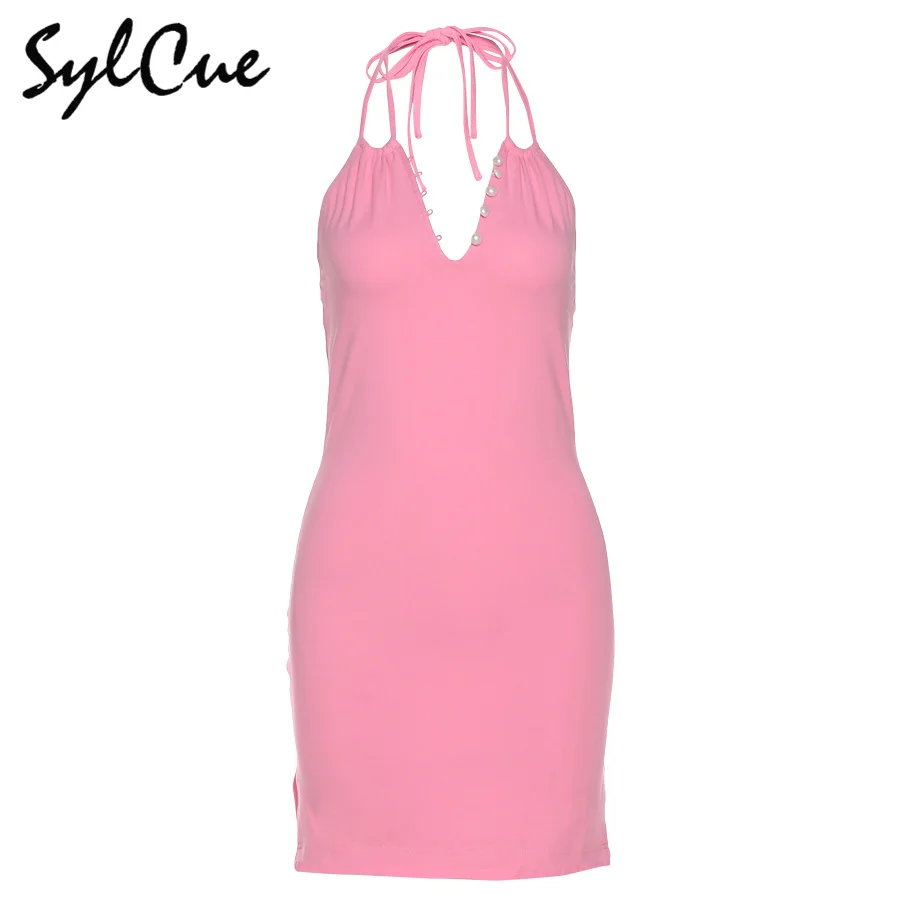 

Sylcue Summer sweet girl V-neck halter dress neckline pearl button decorative fashion trend pink girl mini skirt Slim fit Soft