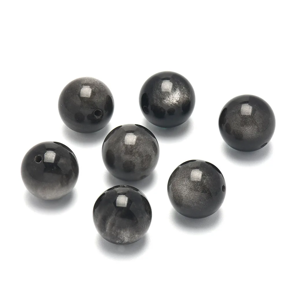 

Серебряные бусины из обсидиана, круглые камни 6 мм, 8 мм, 10 мм, 12 мм, 14 мм, незакрепленные бусины с отверстием для украшений