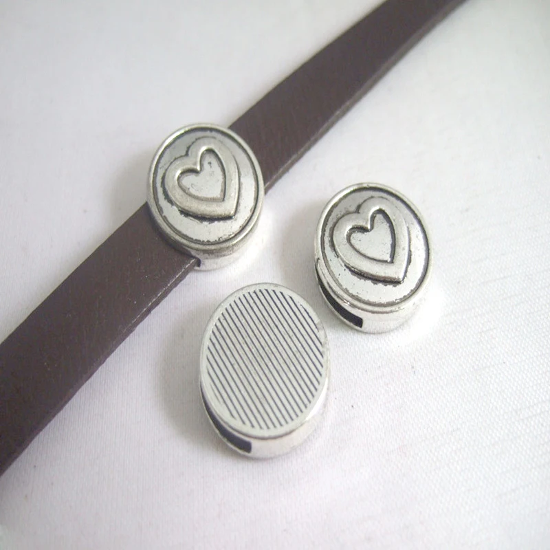 

10pcs Antique Silver Color 10x2mm Bead Heart Slider Spacers for 10mm Flat Leather Bracelet Jewelry Accessories Findings