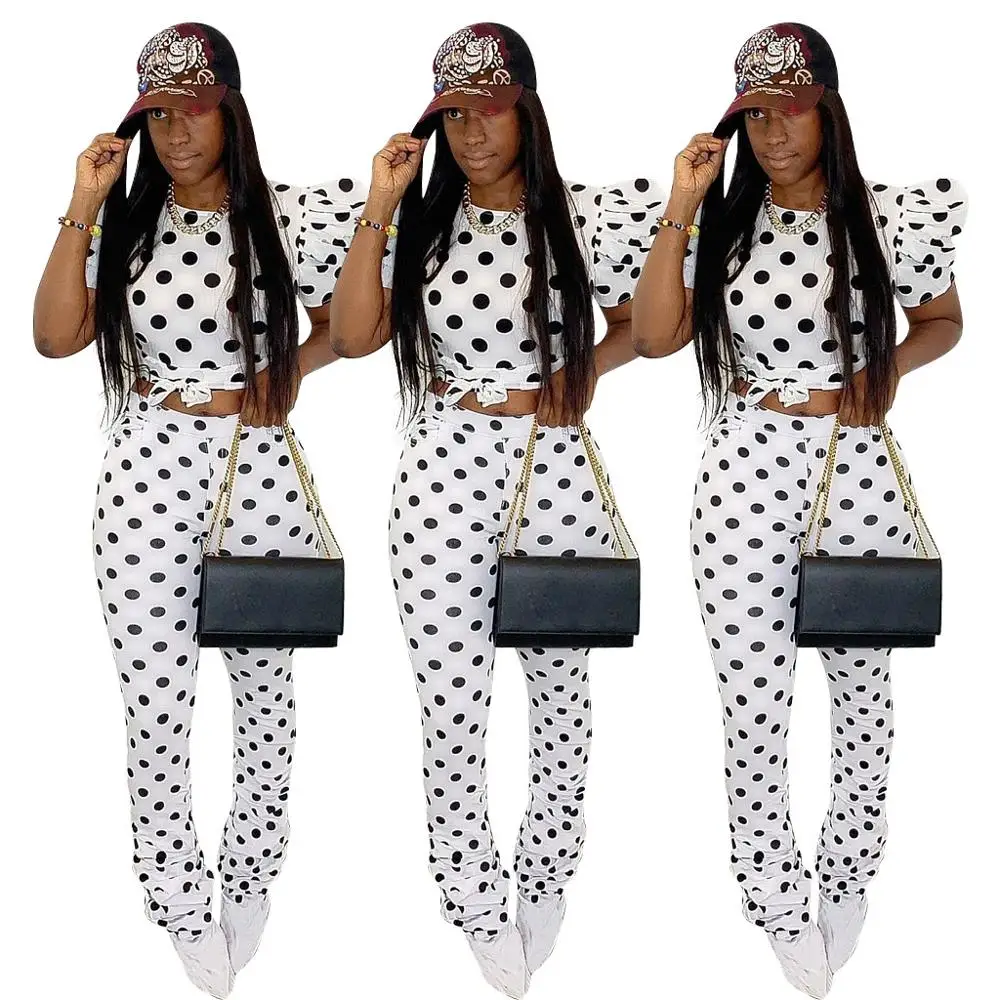 

2020 Summer New Arrivals Polka Dots Printed Office Two Piece Matching Sets Women Fashion Puff Sleeve Crop Tops + Stacked Pants