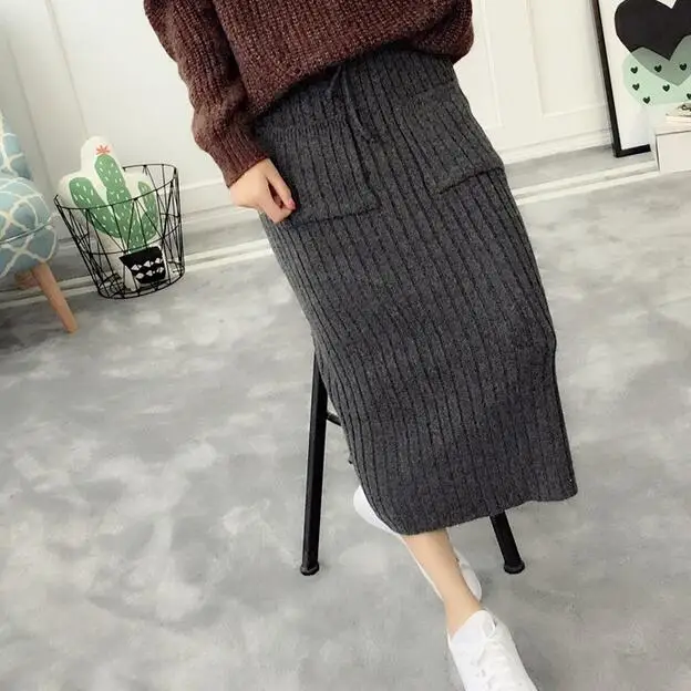 2020 зимние юбки карандаш средней длины на шнуровке серая Юбка До Колена шерстяная