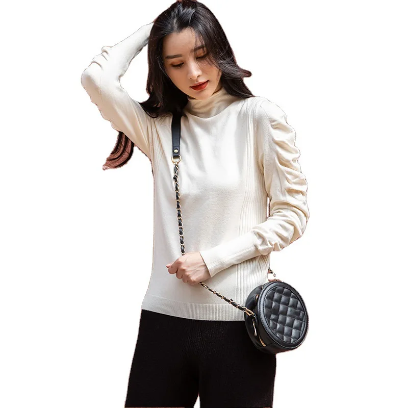 

Knitted Sweater Women 2020 Half Turtleneck Autumn Winter Woman Sweaters Long Puff Sleeve Jumper Female Clothes Short